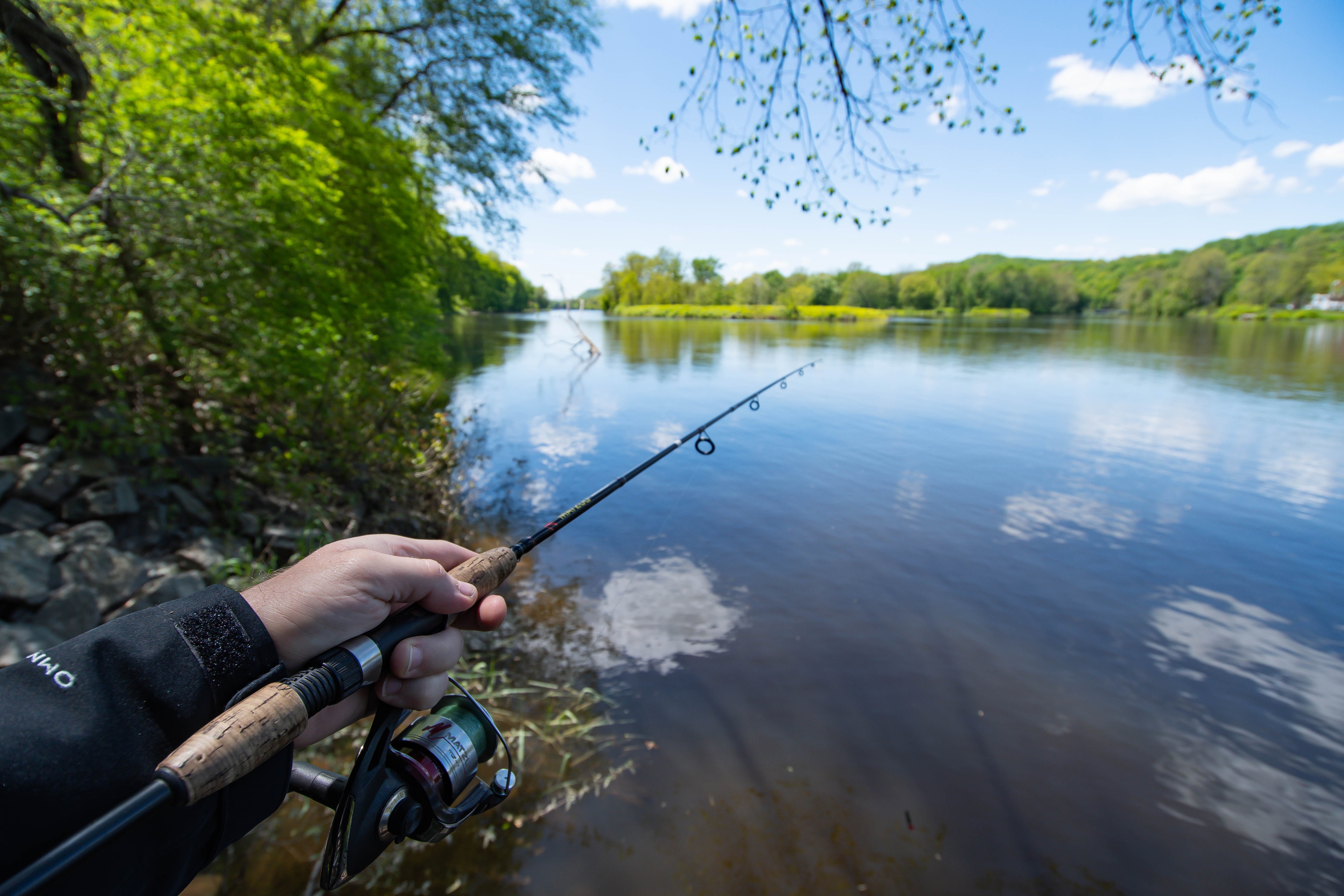 En närbild på en hand som håller i ett fiskespö. I bakgrunden ser man en sjö som är omgiven av skog.