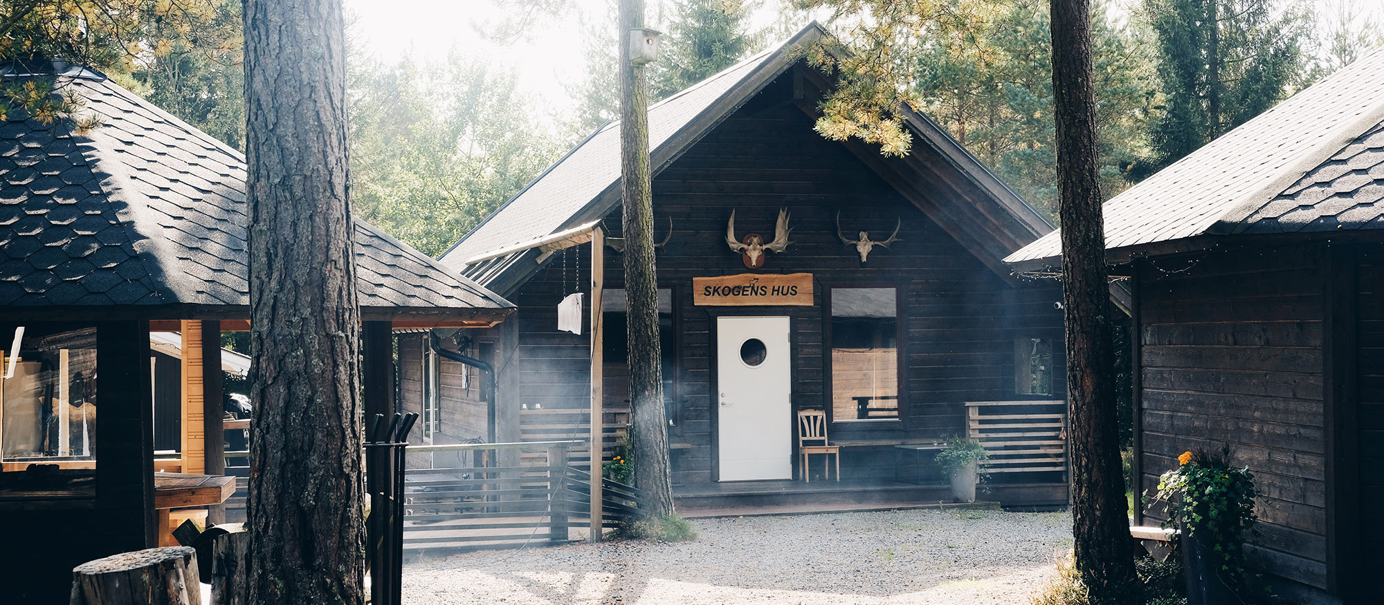 En bild på tre svartmålade små stugor som stor omringade av frodig skog.