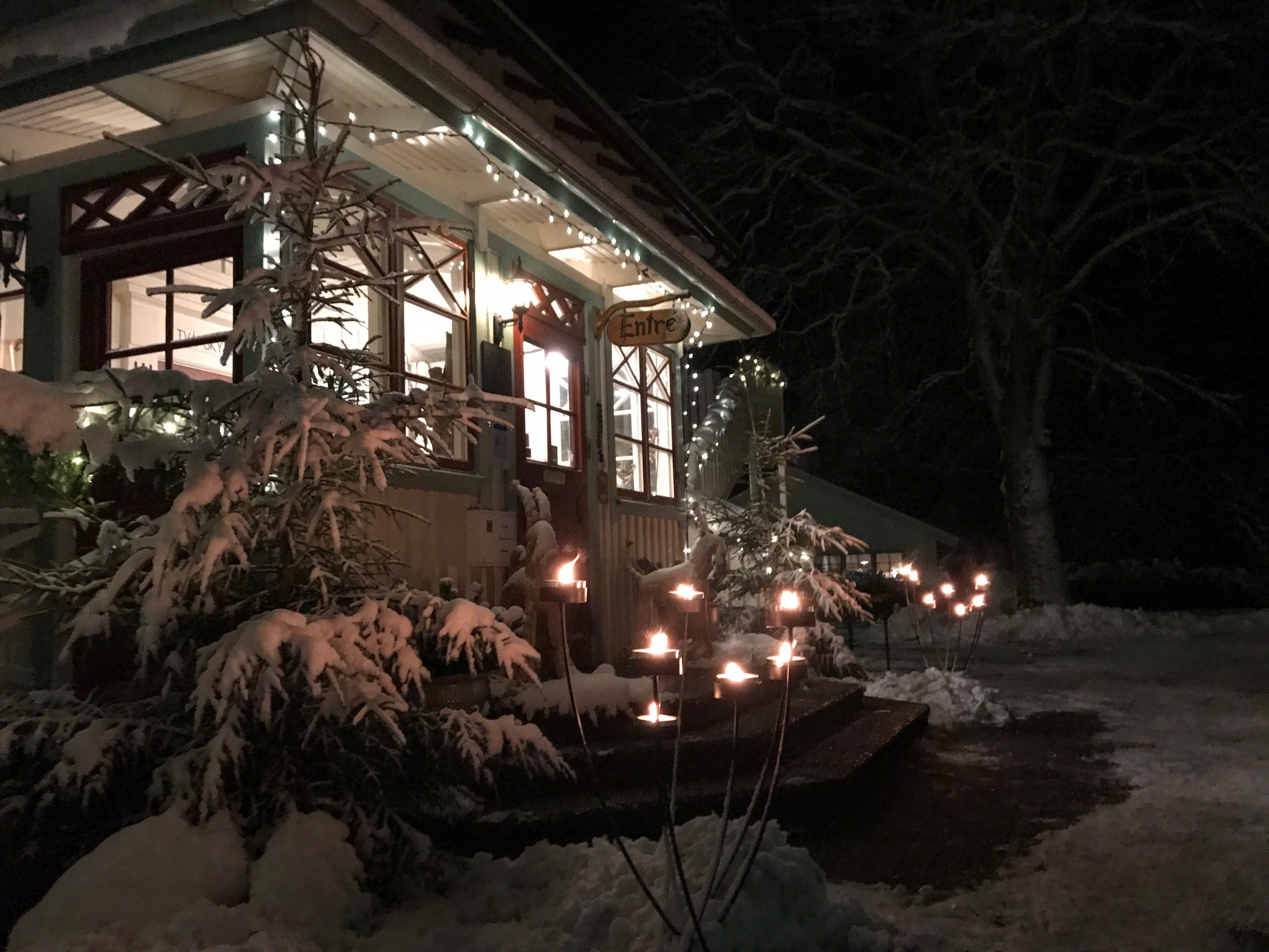 En kvällsbild på en glasveranda som är julpyntad med granris och ljusslingor. På marken och i granarnas grenar vilar ett tjockt snötäcke.