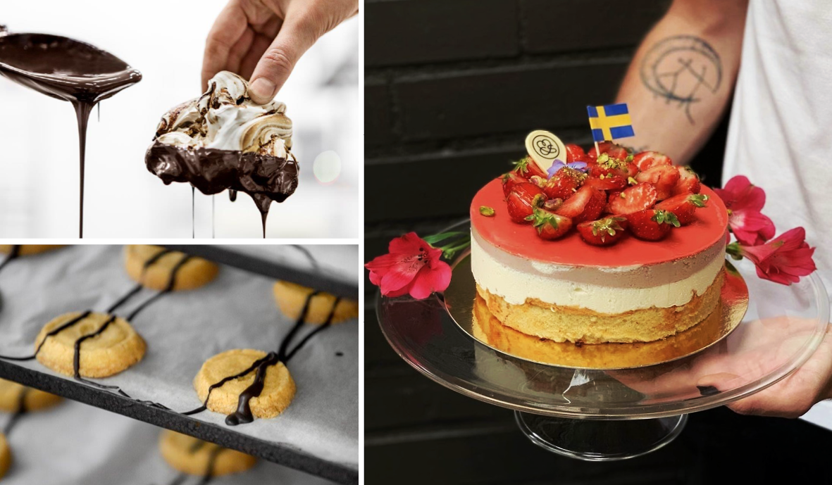 Somrigt dekorerad jordgubbstårta och småkakor och maränger dekoreras med smält choklad.