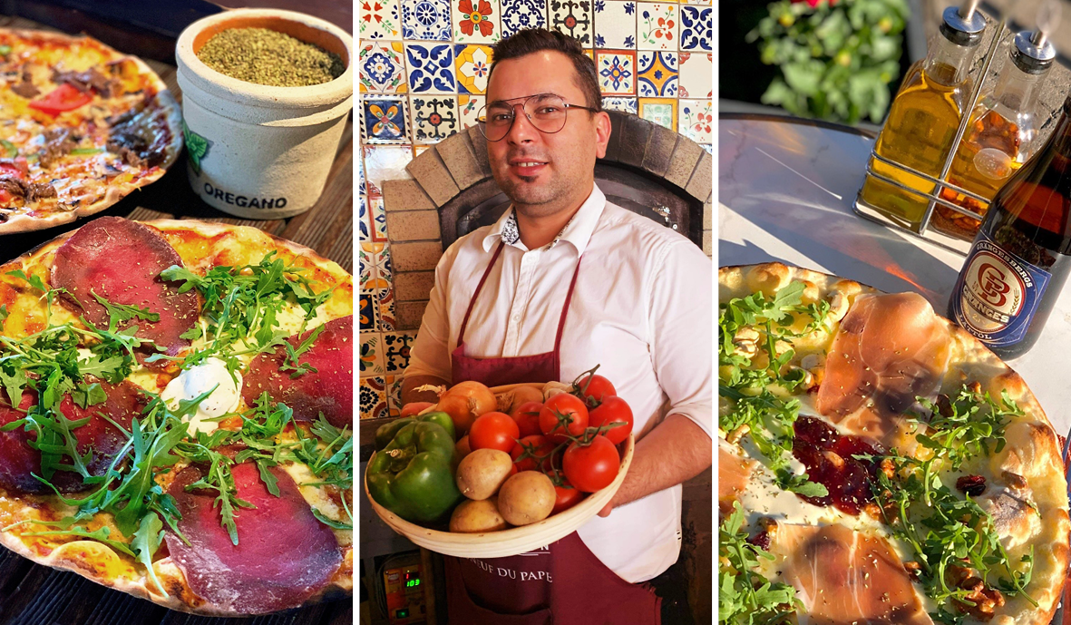 En kock visar ett fat med färska grönsaker och servering av provensalska pizzor med tillbehör.