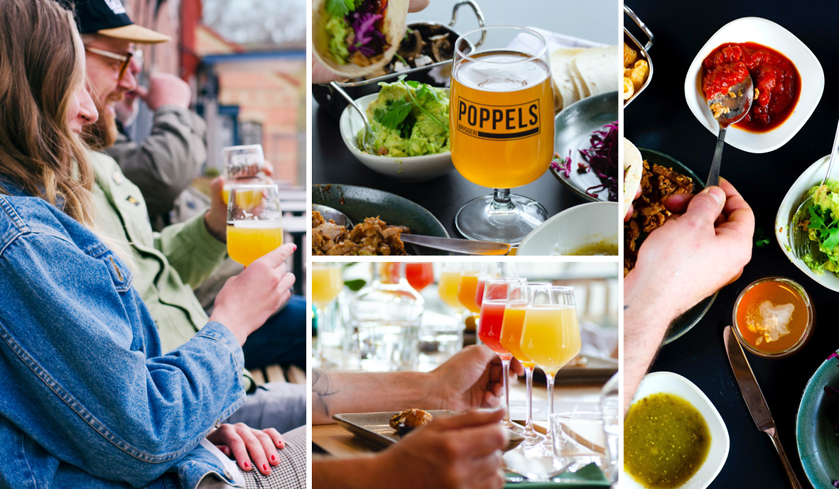 Ett bildkollage som visar människor som dricker öl på en uteservering och små rätter i skålar tillsammans med olika ölsorter serverade i glas.