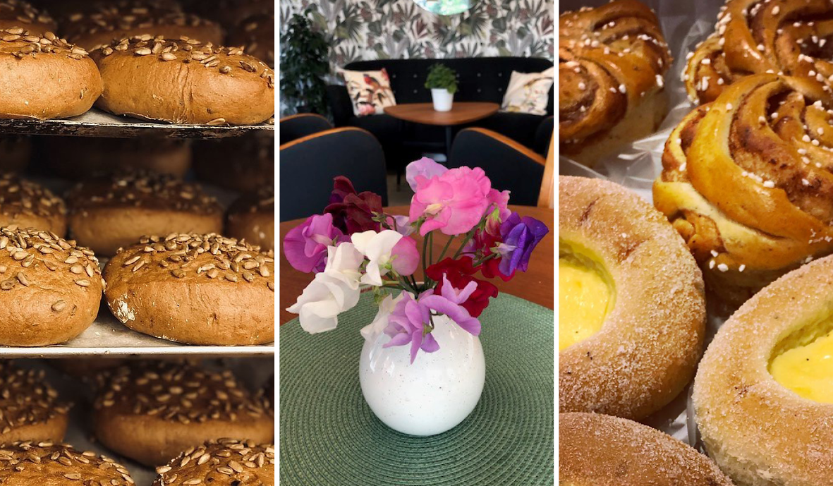 Nybakade brödlimpor med frön, kanelsnurror och sockerbullar med vaniljkräm serveras i caféet med retromöbler.