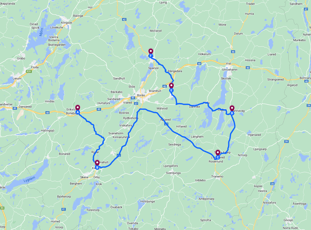 Karta över second hand-runda i Sjuhärad.