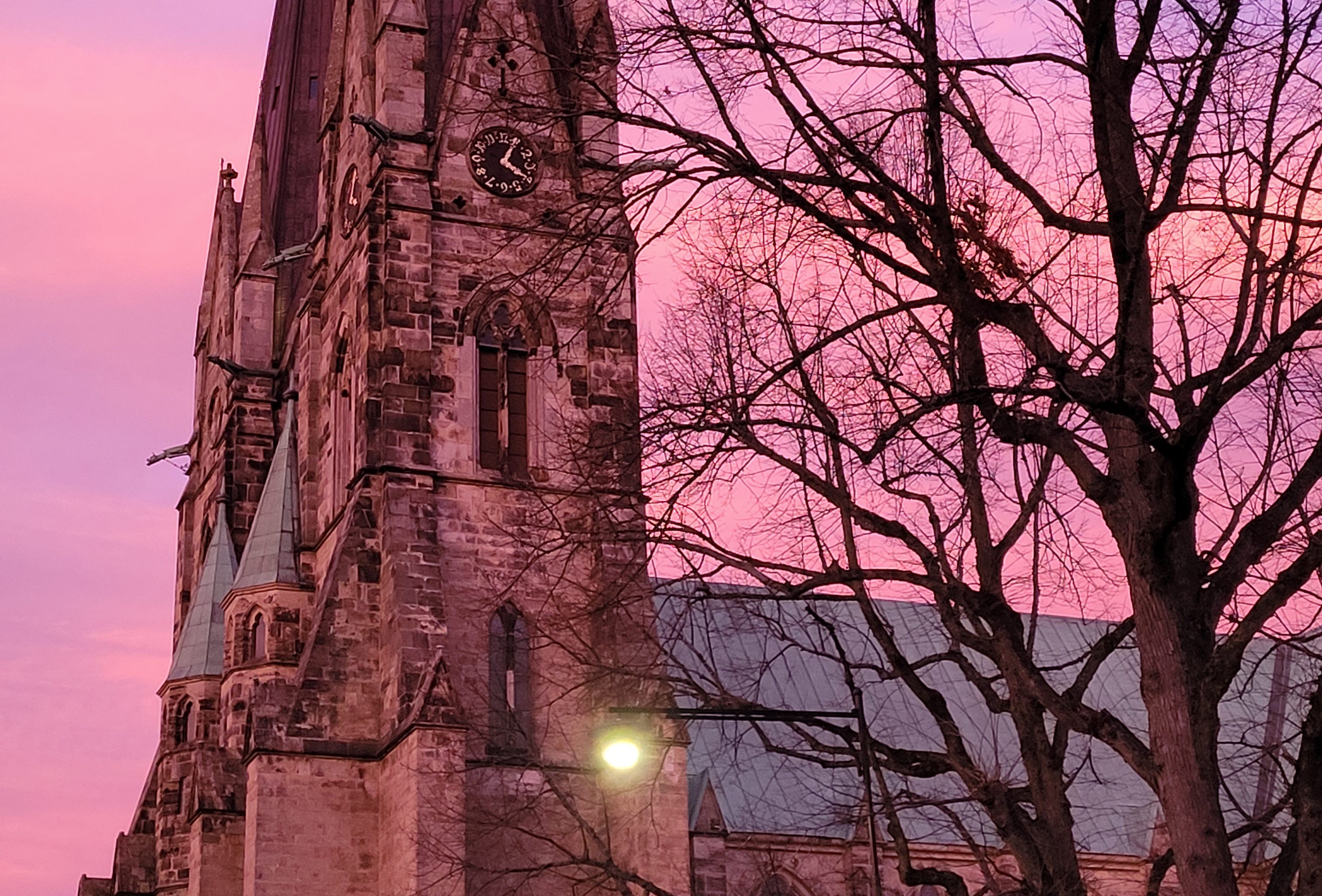 Skara domkyrka i rosa solnedgång.