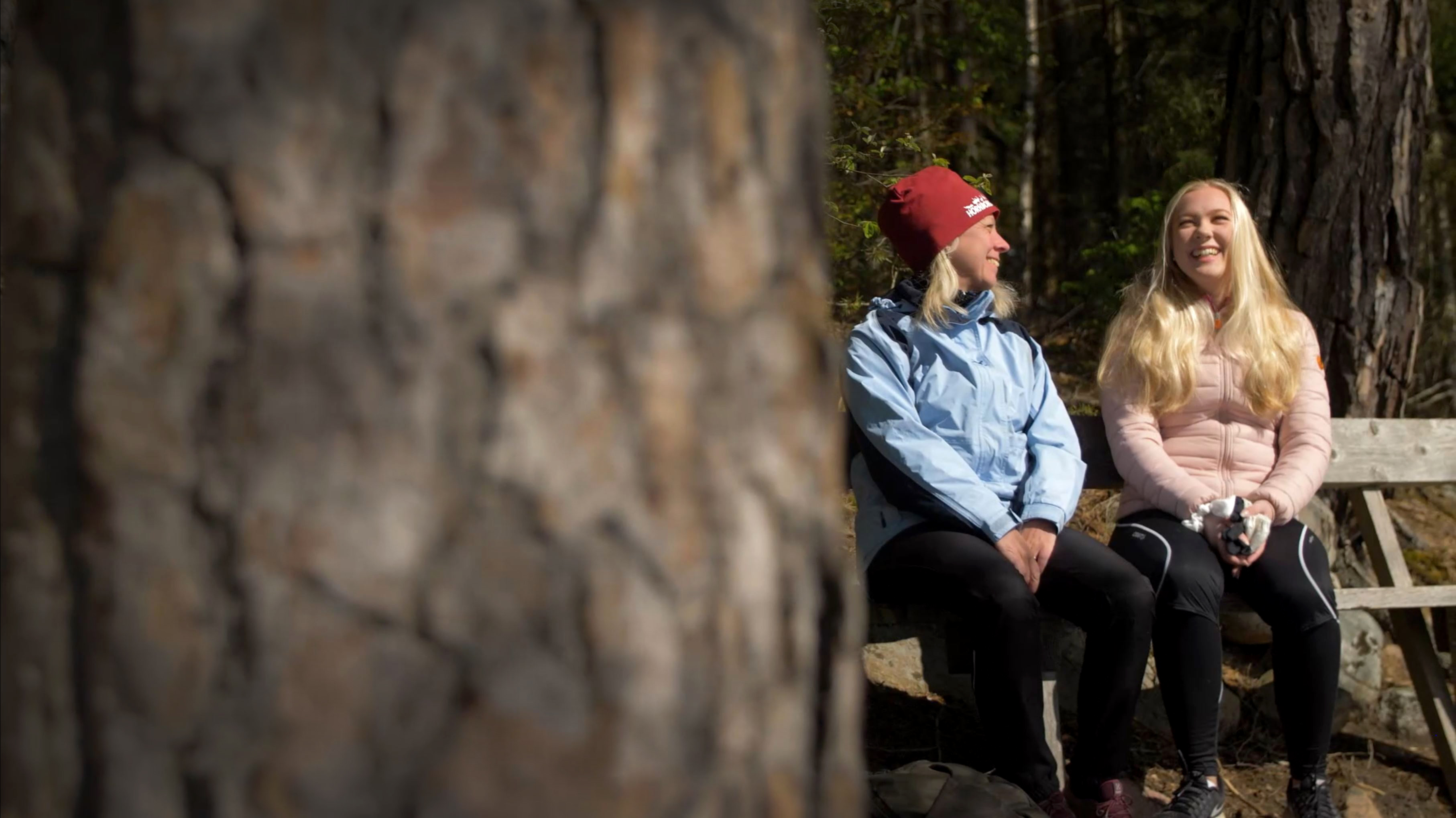 Två personer på en sittbänk med en tall i förgrunden