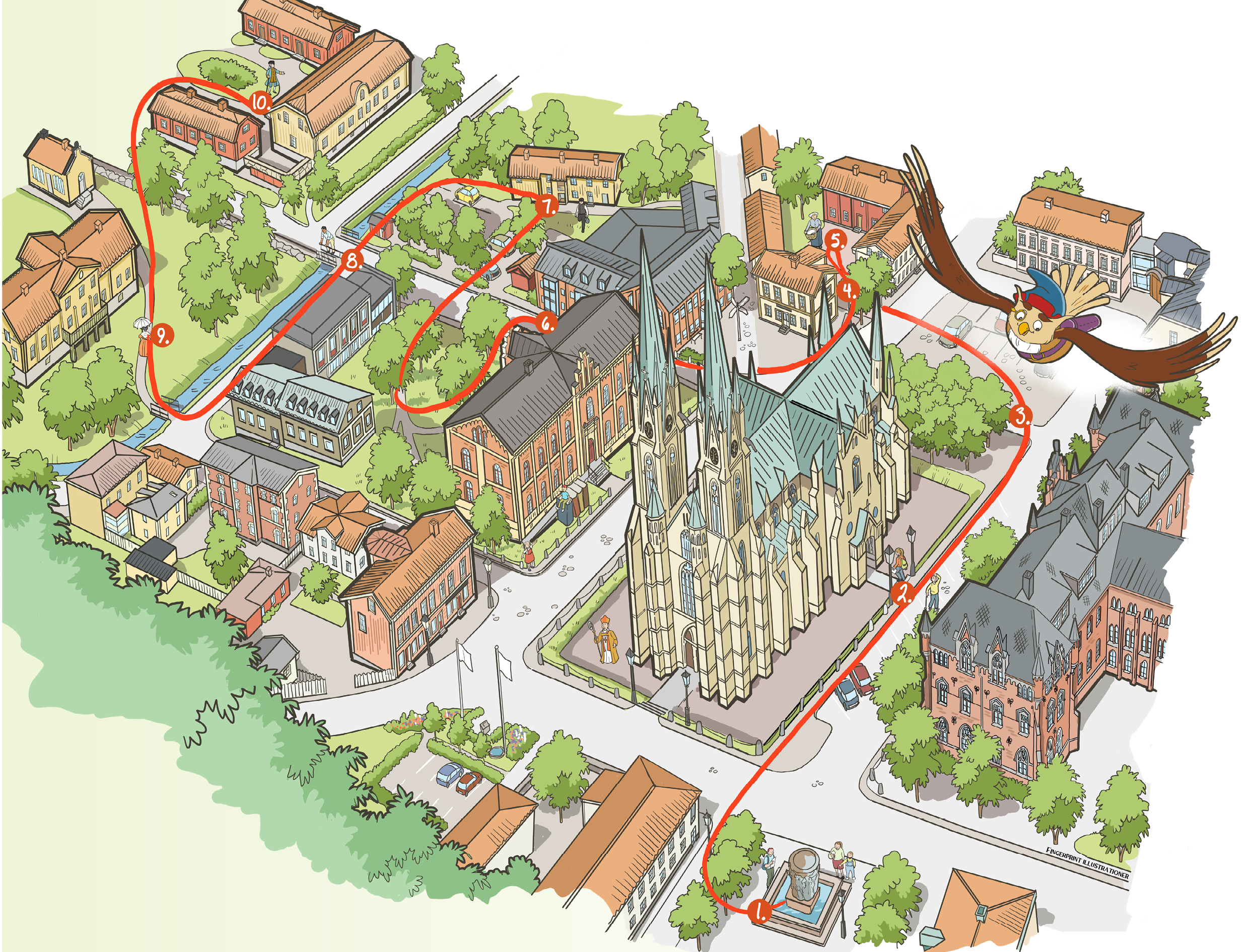 Illustrerad kartbild över Skara med siffror på utvalda platser. Birger Ugglas kulturvandring för barn. 