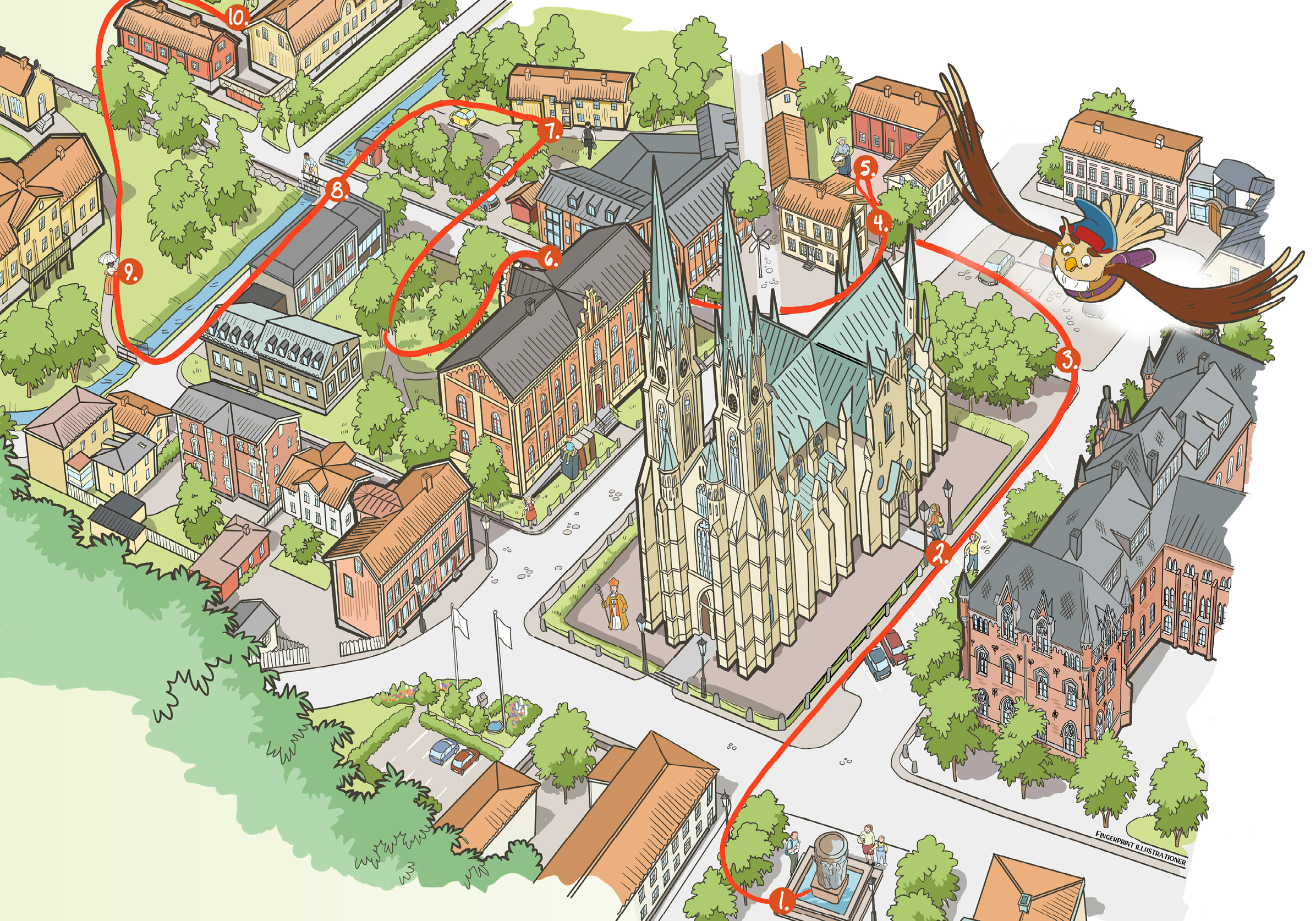 Illustrerad kartbild över Skara med siffror på utvalda platser. Birger Ugglas kulturvandring för barn. 