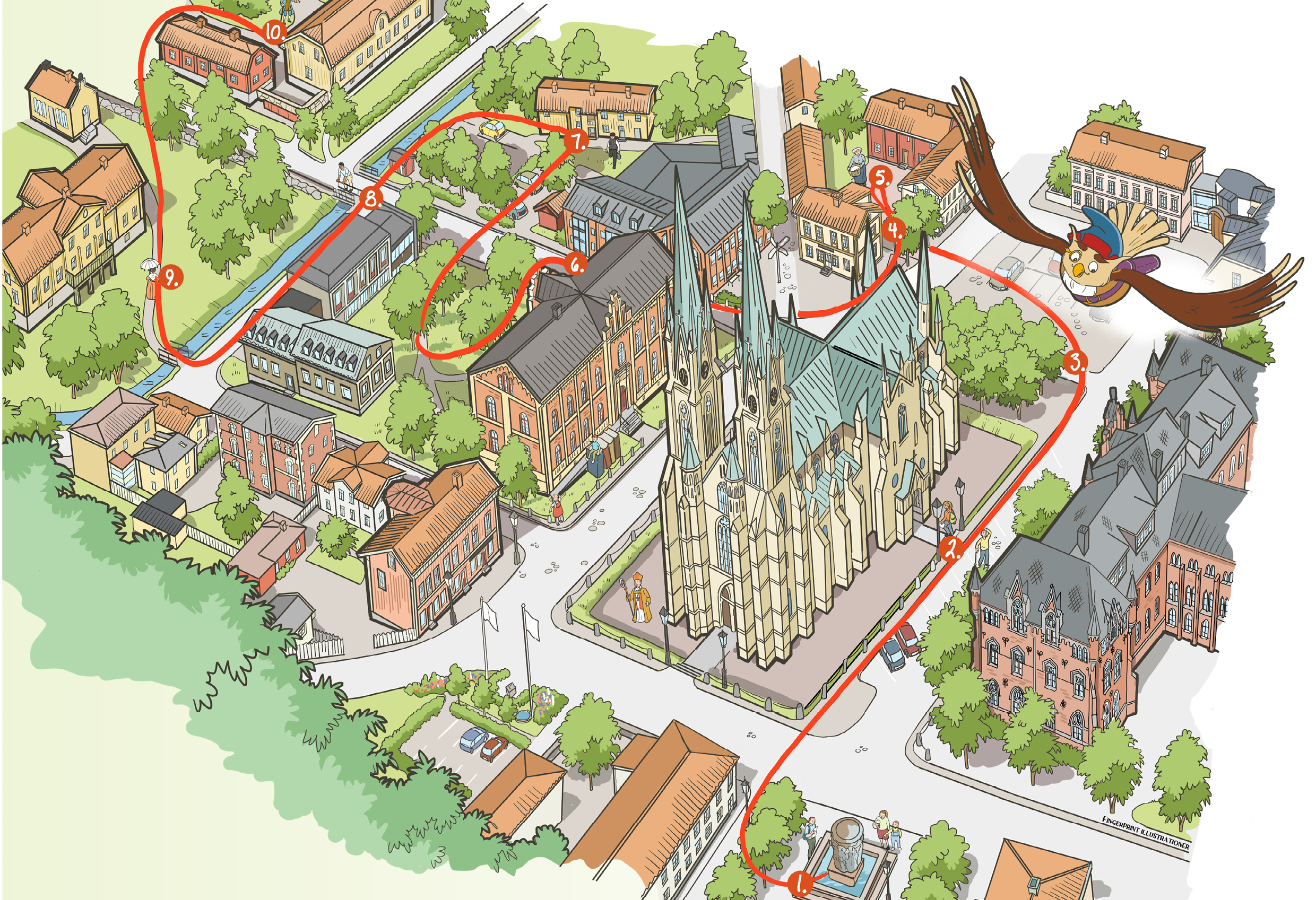 Illustrerad kartbild över Skara med siffror på utvalda platser. Birger Ugglas kulturvandring för barn. 