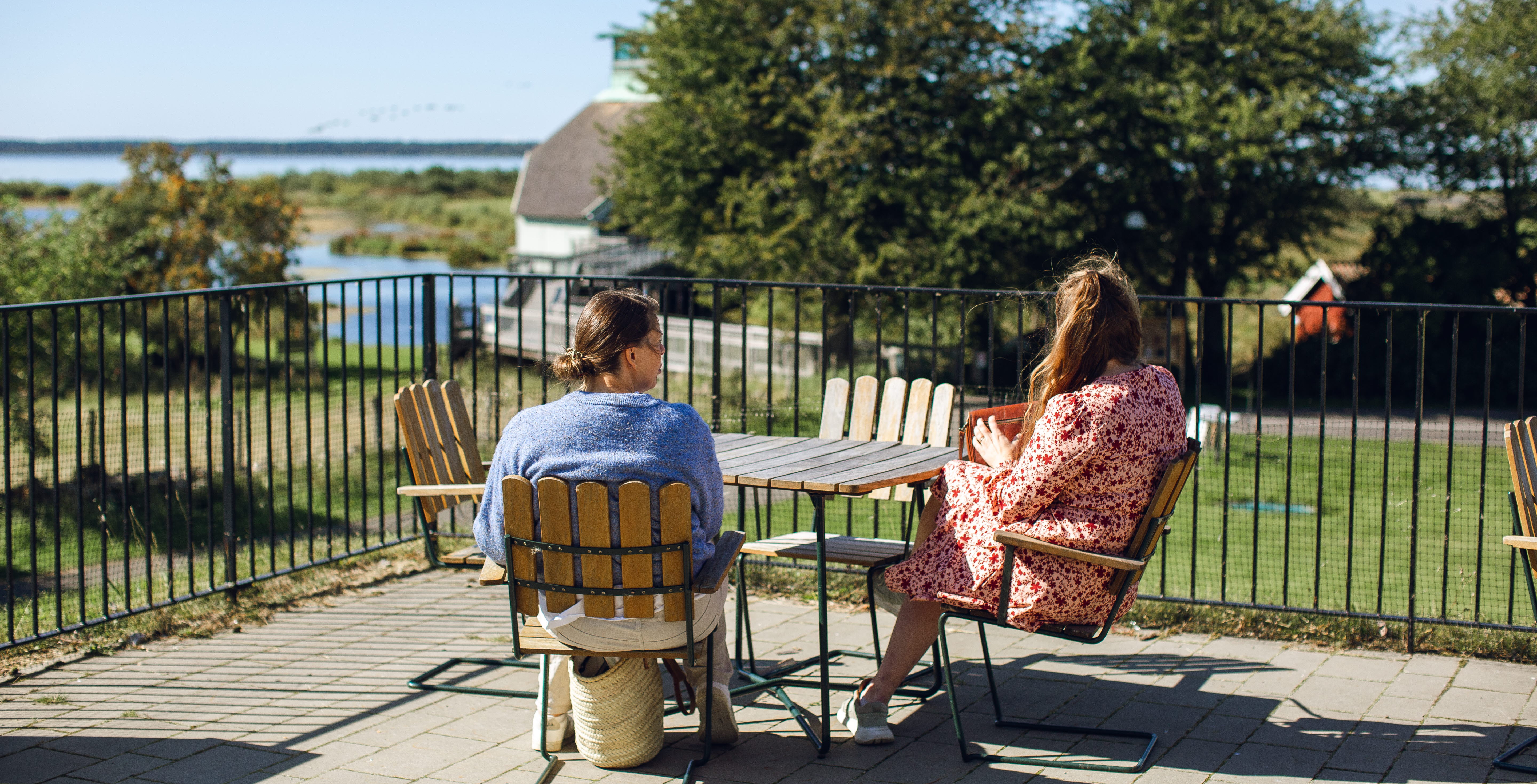 Två personer sitter vid ett bord och tittar ut över Hornborgasjön