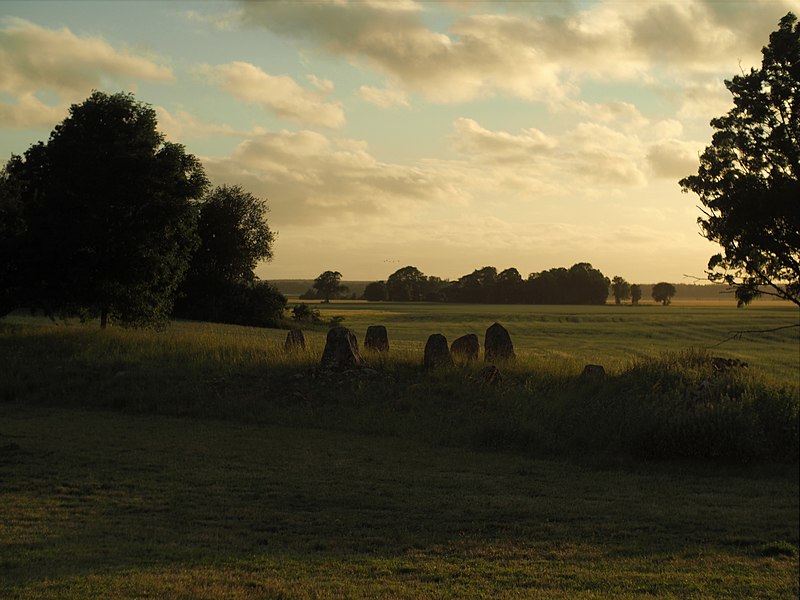En domarring bestående av sju stenar står på ett grönt fält.