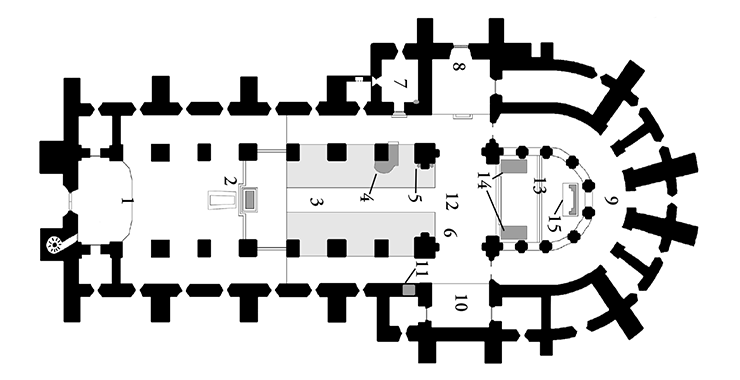 En svartvit kartskiss över insidan av Varnhems klosterkyrka.