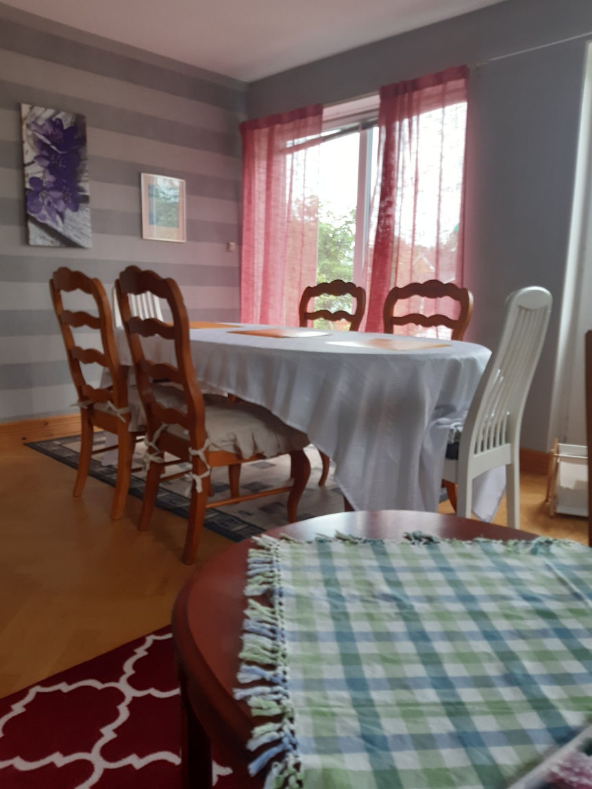 En matplats framför ett fönster med röda gardiner.