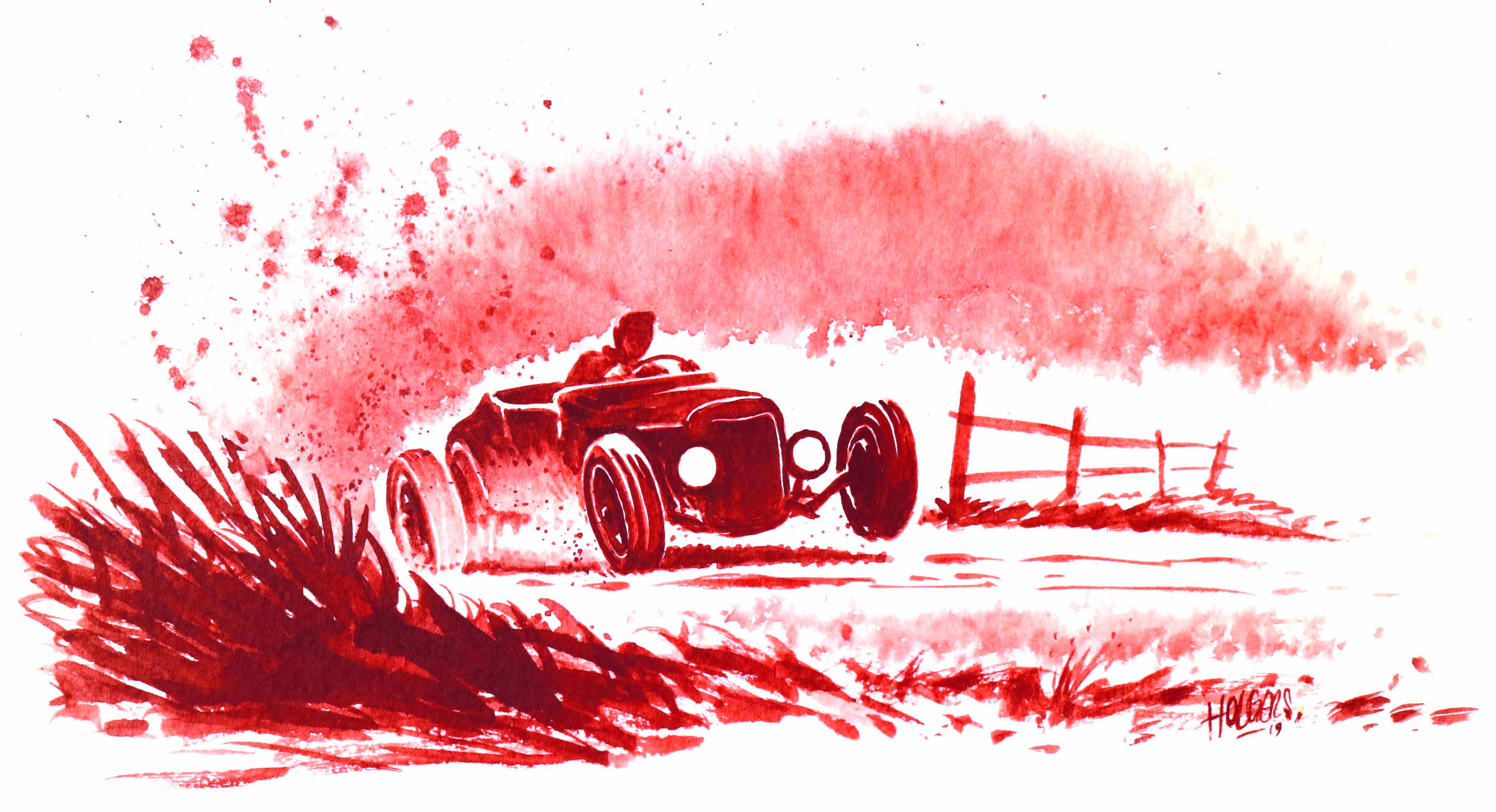 Målad tavla av Lasse Holgersson föreställande en bil av äldre modell