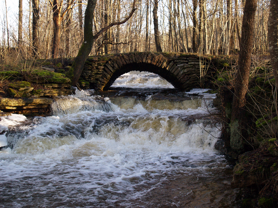 En välvd stenbro över ett brusande vattendrag.