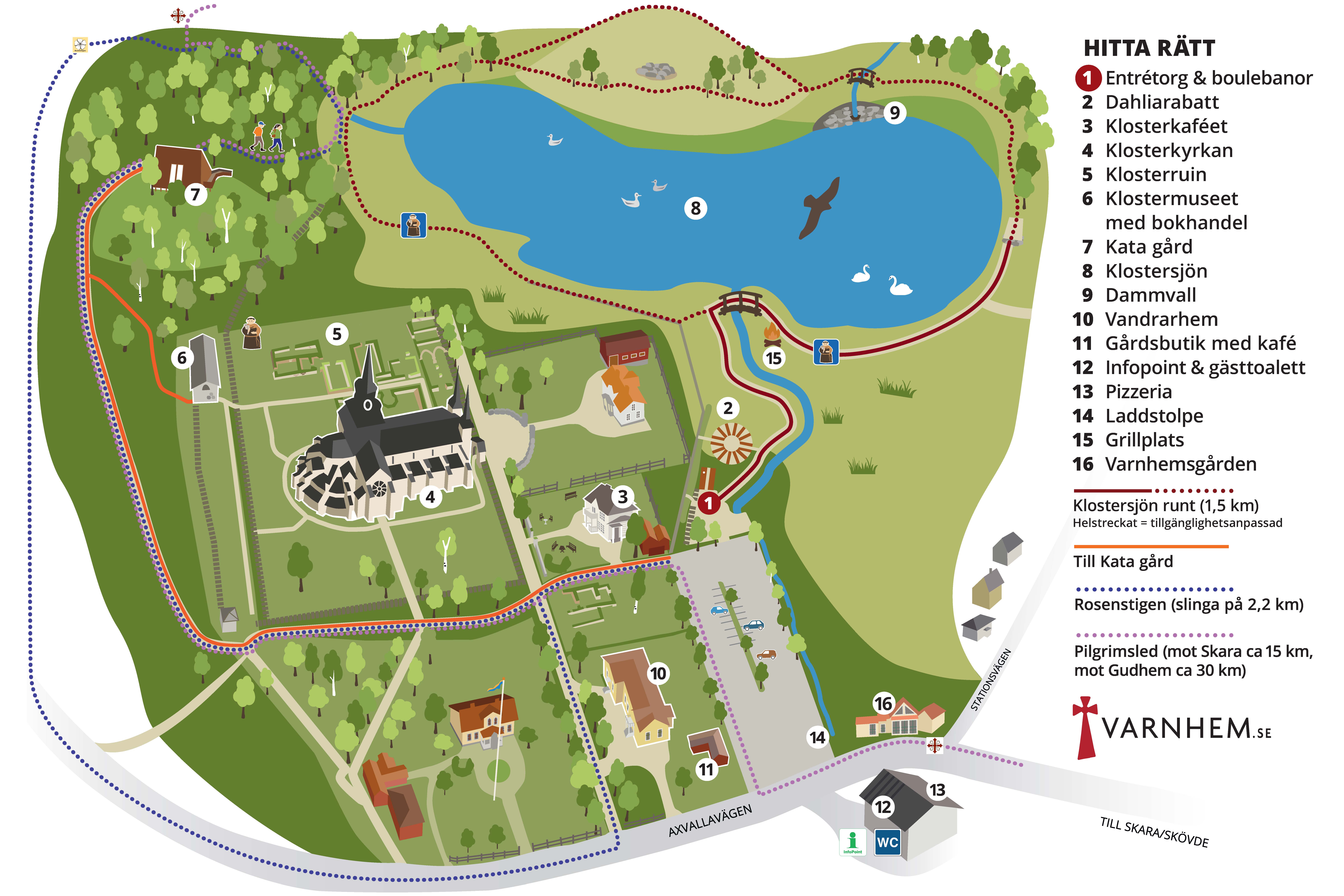 En illustrerad kartbild över Varnhem. På bilden syns en kyrka, en sjö, några byggnader med orange tak och skog. 