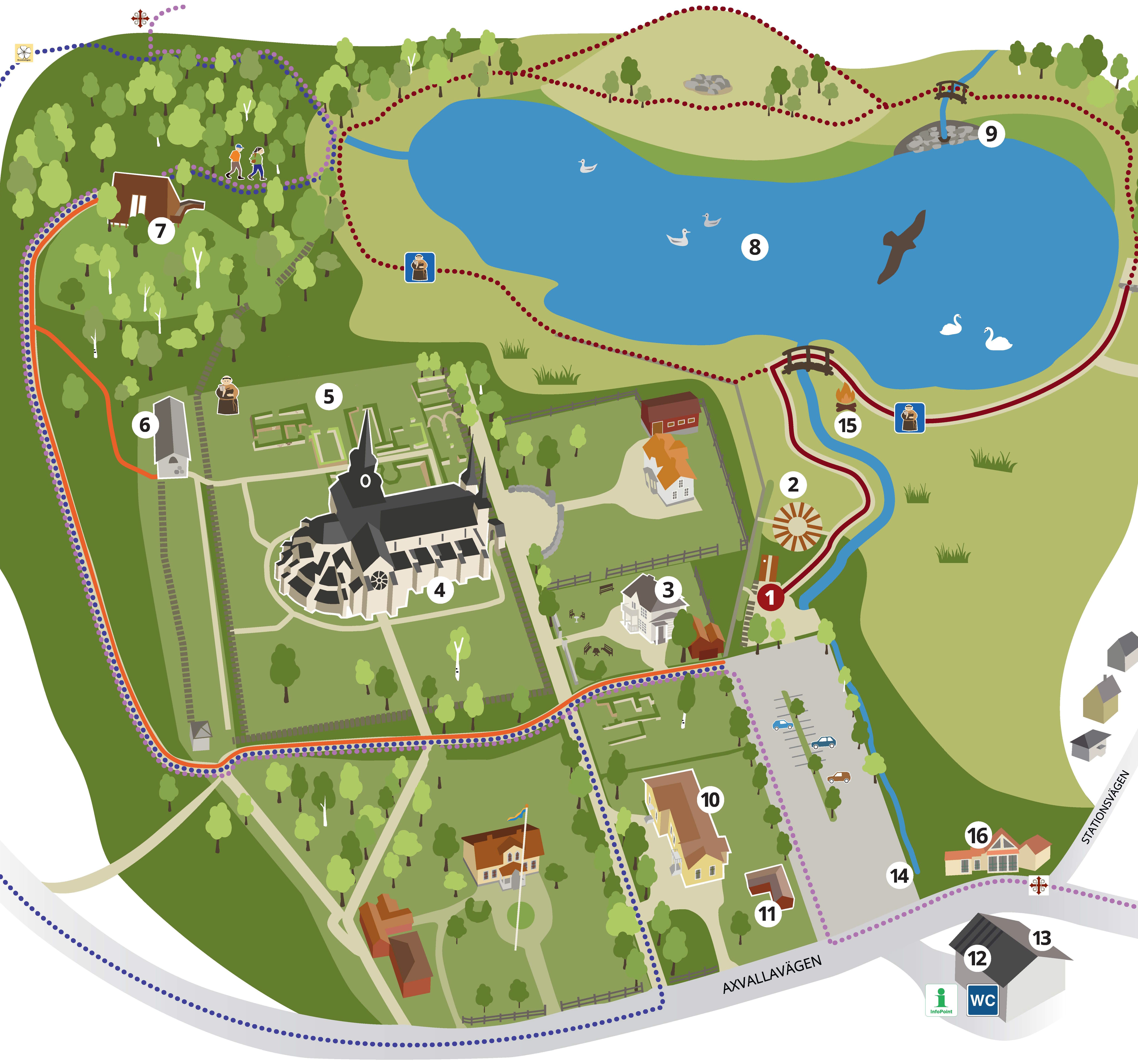 En illustrerad kartbild över Varnhem. På bilden syns en kyrka, en sjö, några byggnader med orange tak och skog. 