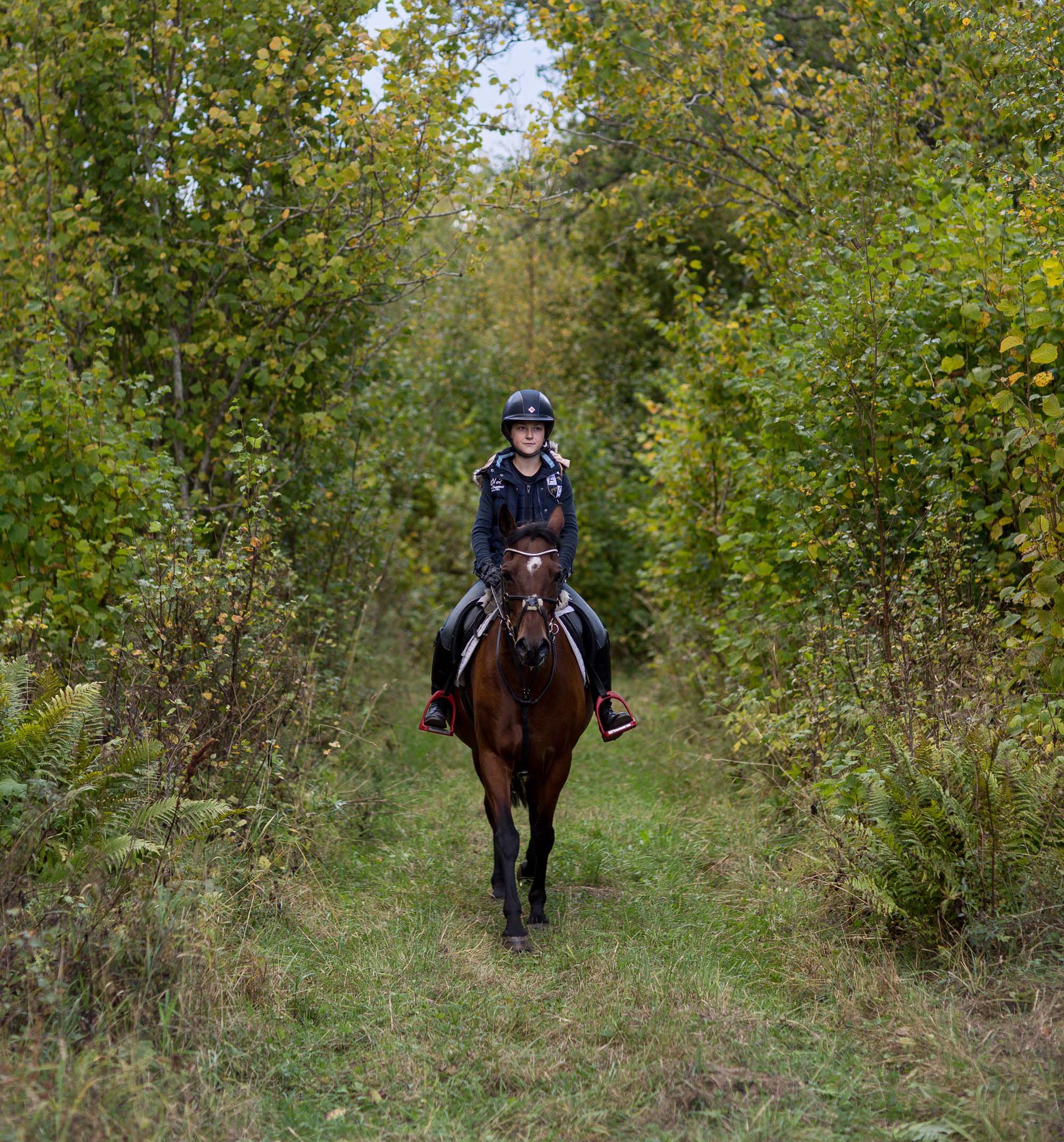 A girl riding a horse in the forest