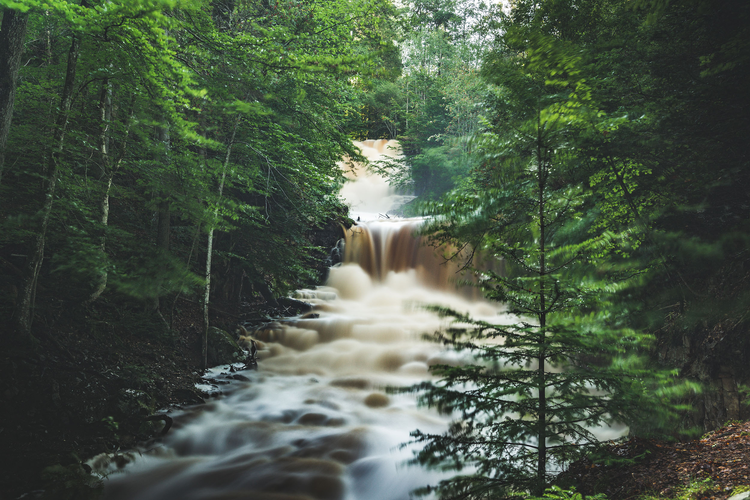 Ett vattenfall som rinner i ett grönskande landskap