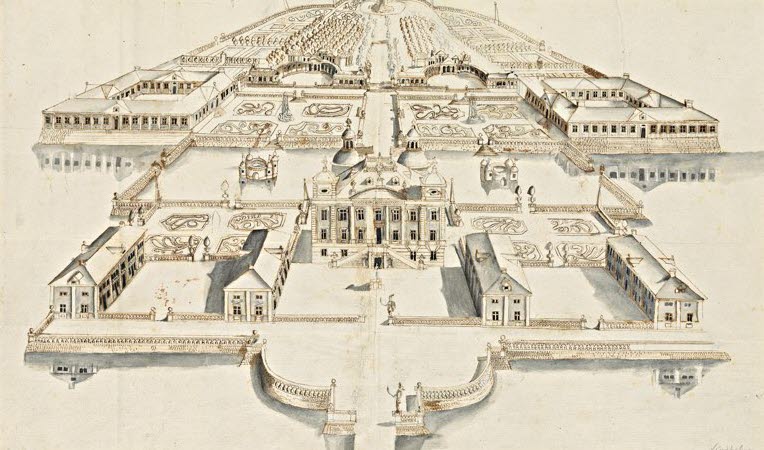 En skiss över ett slottsområde