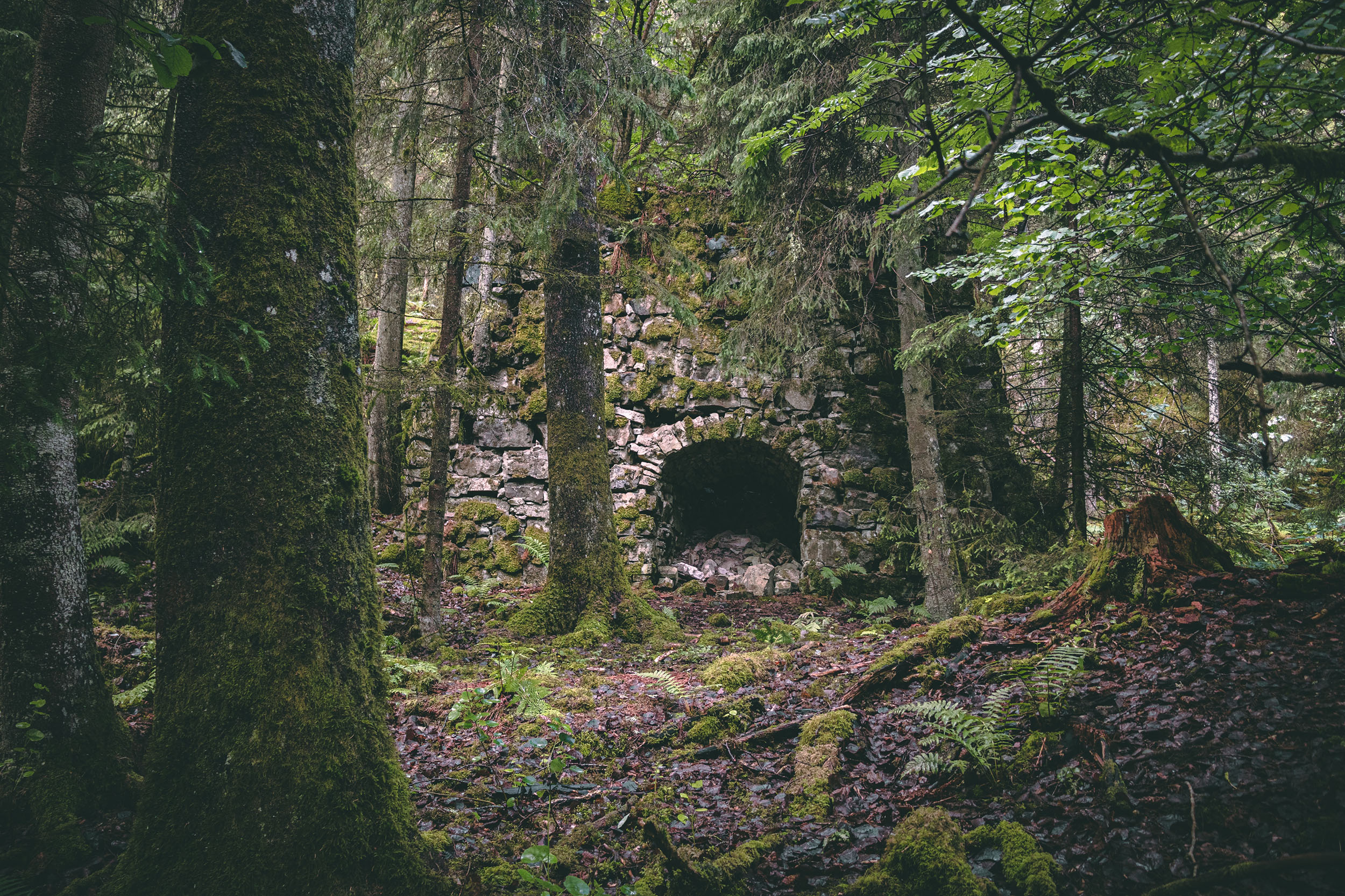 En stenbyggnad med öppen ingång i skogen