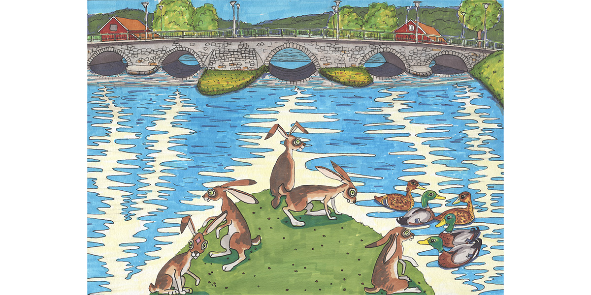 En målad bild på harar som befinner sig på en ö i en å, med änder i vattnet och en bro i bakgrunden.