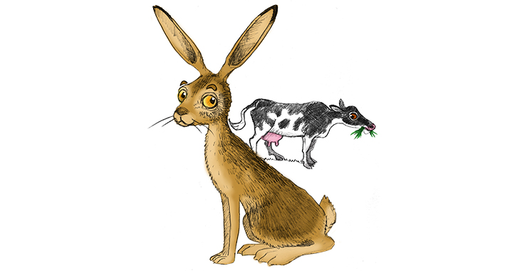 En målad bild på en hare och en ko. 