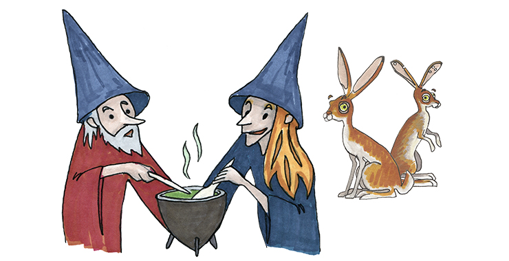 En målad bild på en trollkarl och en häxa som rör i en gryta, och två harar. 