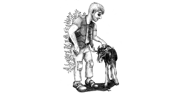 En jätte klappar en älg. Målad bil. 