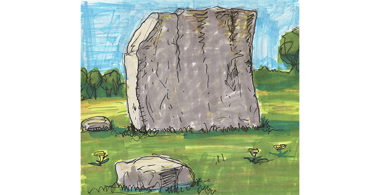 En stor sten på en äng och blå himmel. Målad bild.