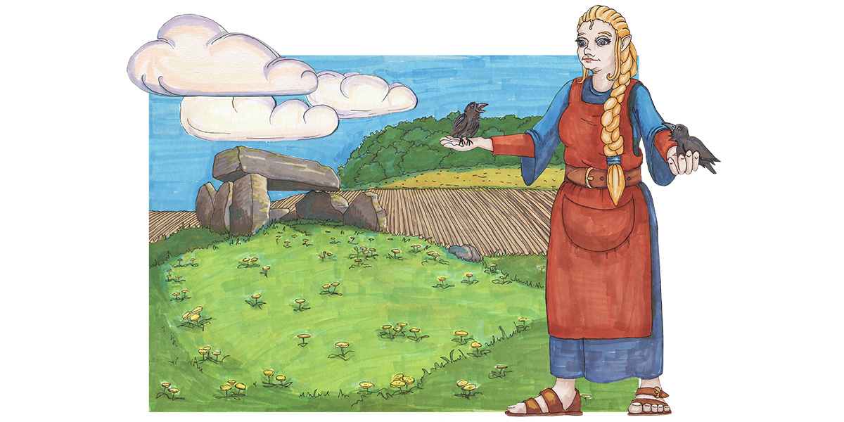 En målad bild av en jättinna som håller i en svart fågel i varje hand. I bakgrund syns en äng, åker och ett stenröse. 