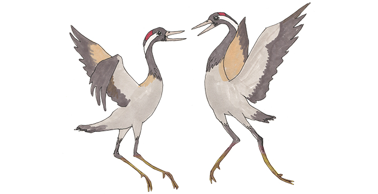 En målad bild av två tranor som dansar. 