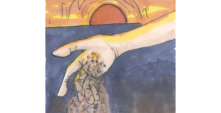 En hand som håller i guld. Målad bild.