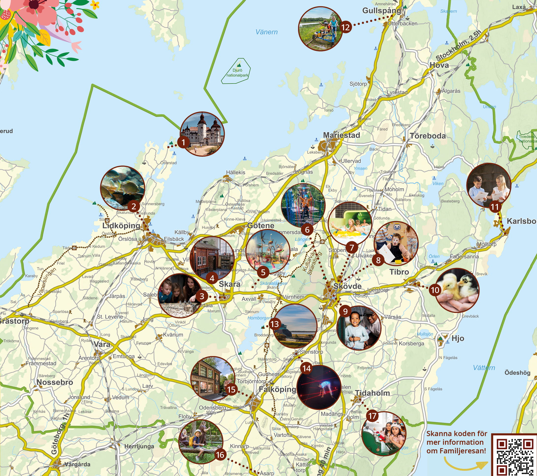 Karta och informationstext om alla aktiviteter i familjeresan