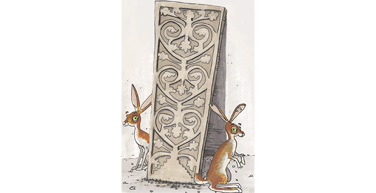 En målad bild med harar och en stor sten med fint mönster. 