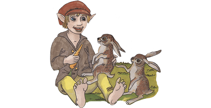 En målad bild på en pojke som sitter tillsammans med två harar. 