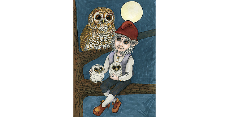 En målad bild med en tomte som sitter i ett träd med tre ugglor.