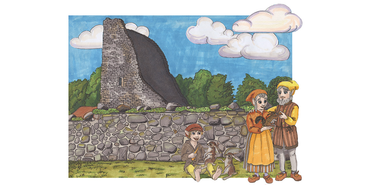 En målad bild av vättar och harar framför en ruin. 