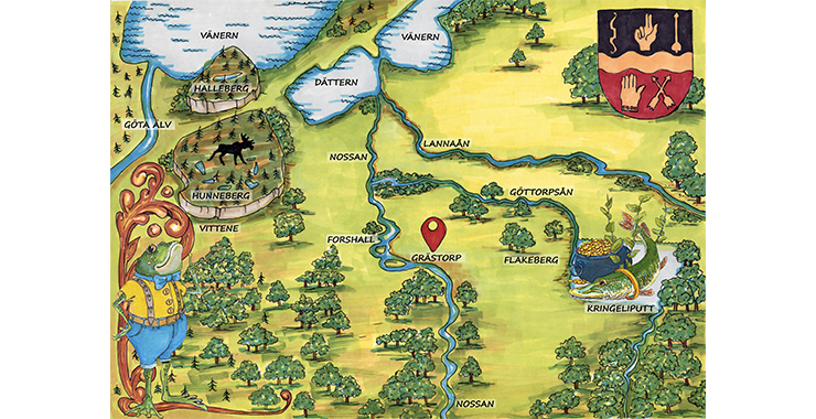 En målad bild av en karta över Grästorp. 