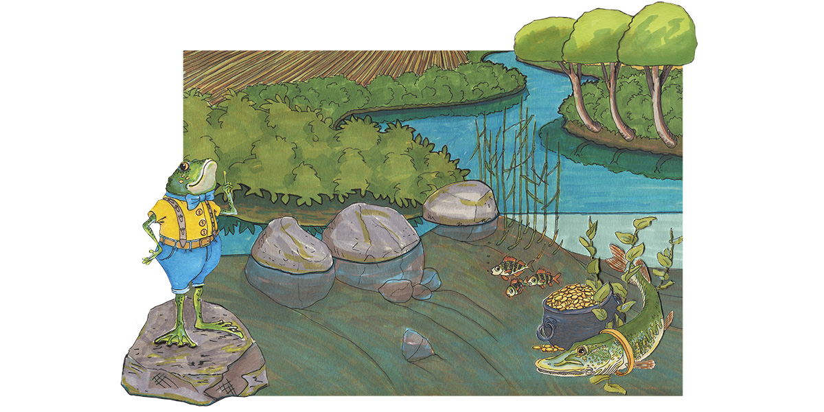 En målad bild av en groda som står på en sten och kollar ut över ett landskap med gröna ängar och vatten samt en guldkista. 