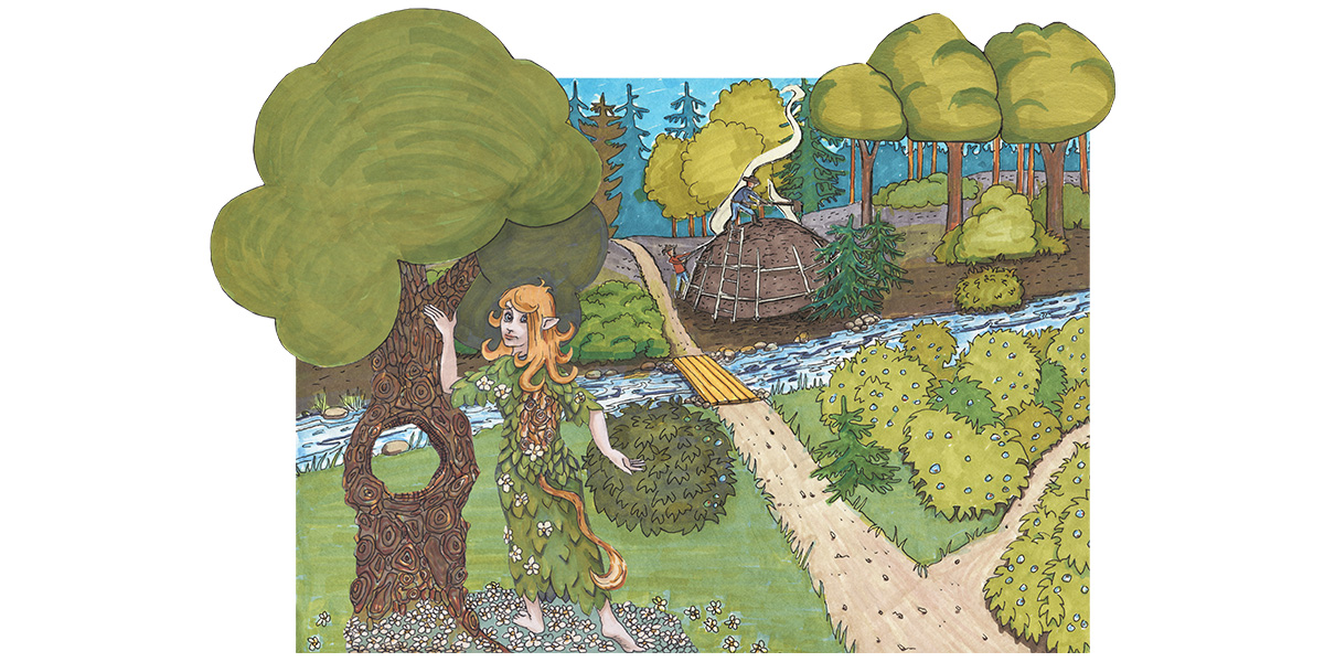 En målad bild av ett troll i en skog.