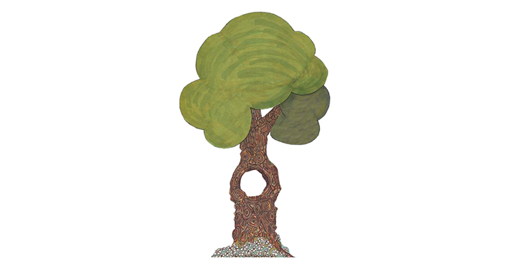 En målad bild som föreställer ett träd med ett hål i stammen.