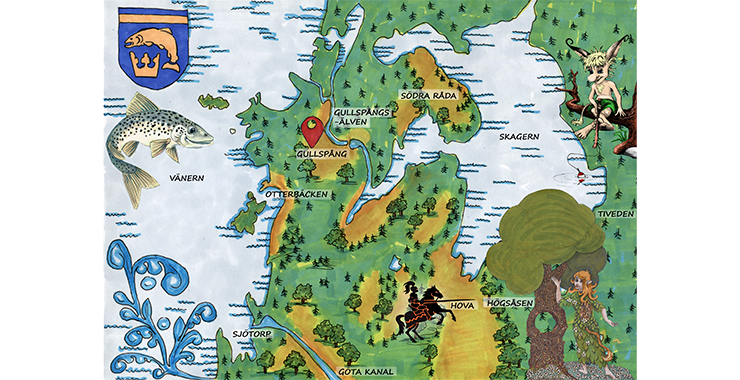En målad bild av en karta över Gullspång och Hova.
