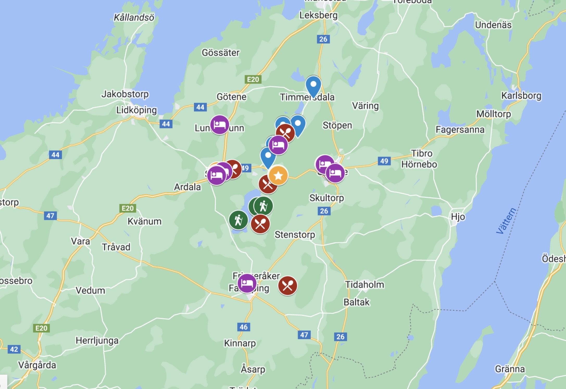 En bild av en kartvy med utmärkta platser