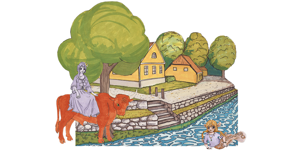 Tecknad bild på en oxen med kvinna fram residenset i Mariestad. I förgrunden ån Tidan med en figur som är hälften människa hälften fisk.