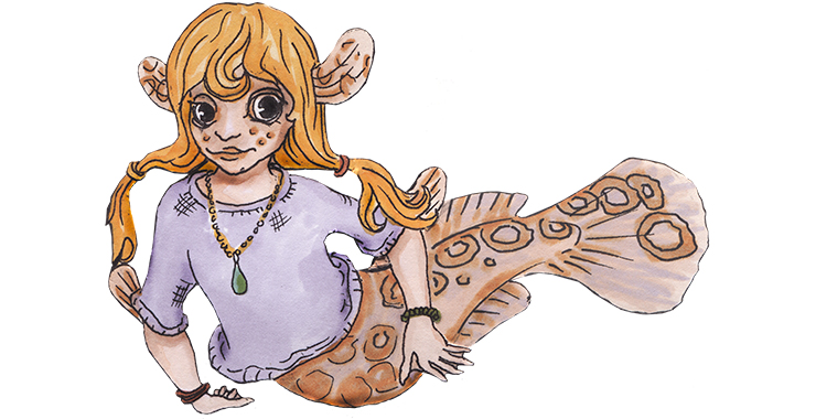 En målad bild på en flicka som är hälften människa, hälften fisk.