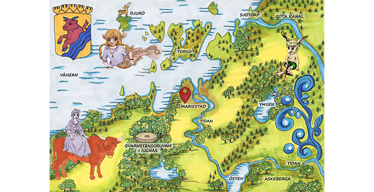 En målad karta med ställen i Mariestads kommun, samt en oxe med en kvinna samt lakakoffa - en flicka som är hälften människa, hälften fisk.