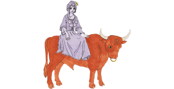 En målad bild som föreställer en kvinna som rider på en oxe.