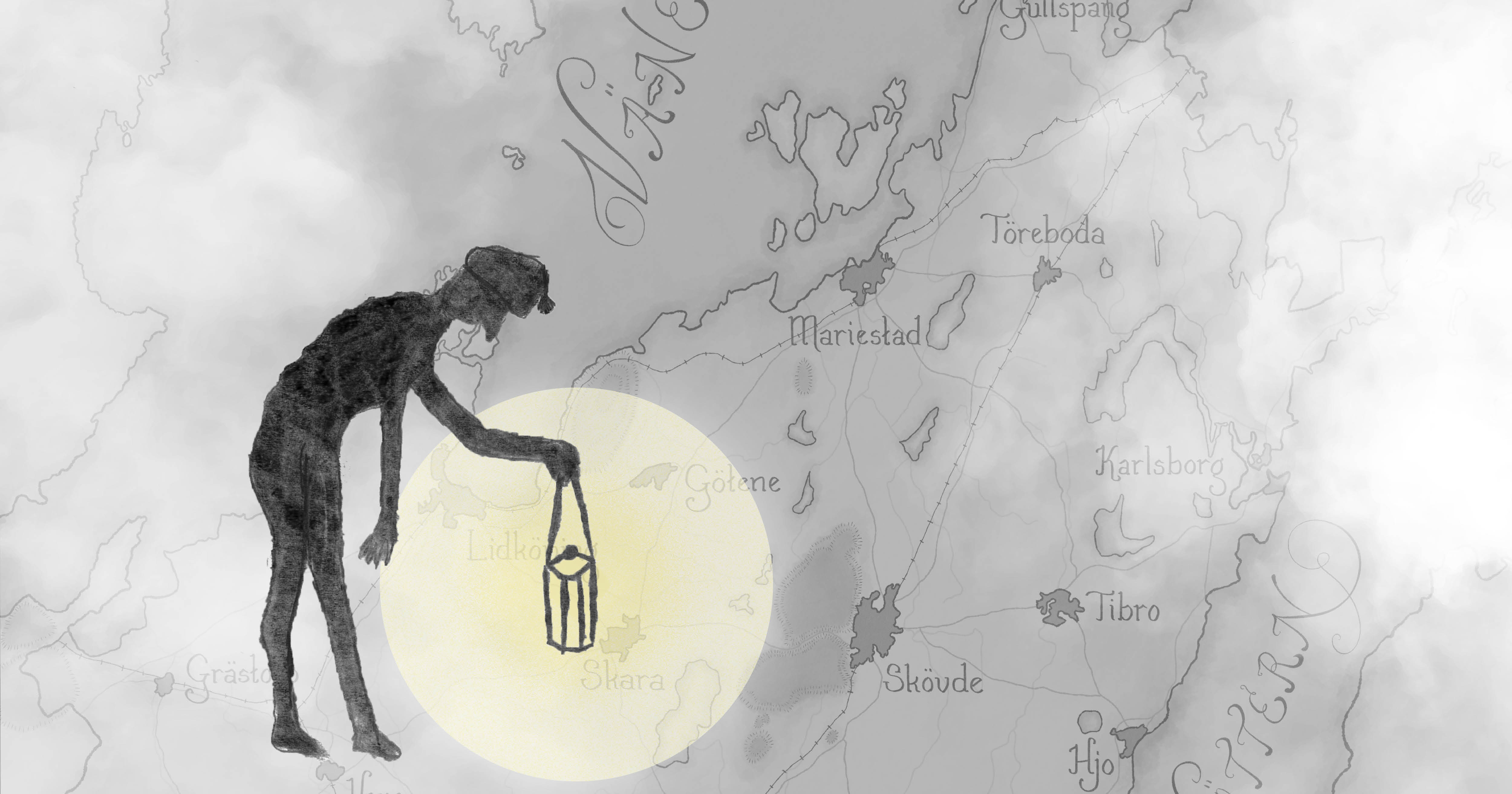 En illustrerad grå bild av en karta där man ser sjöarna Vänern och Vättern. En man går och lyser med en lykta över kartan.