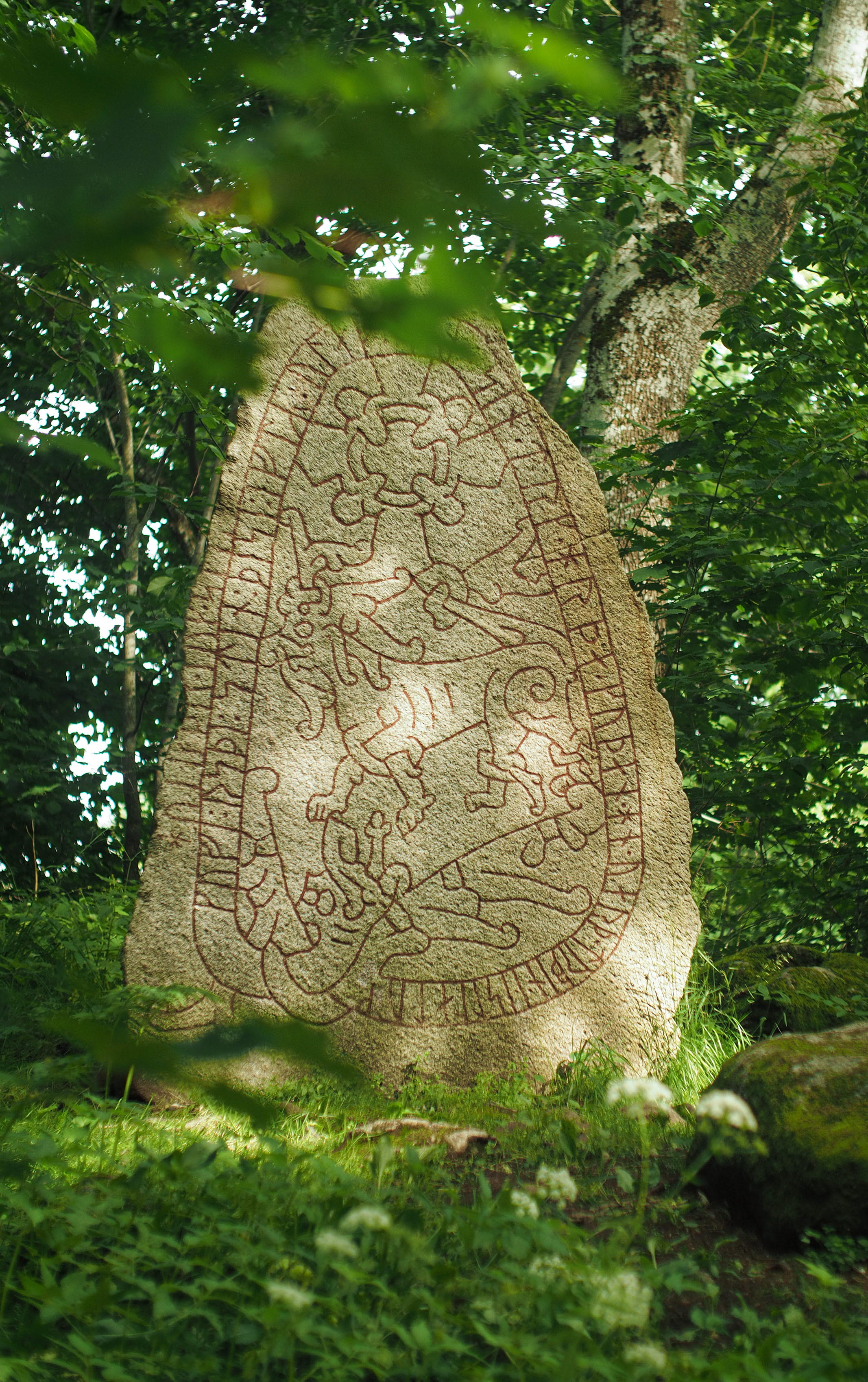 En runsten som står i grönskande natur